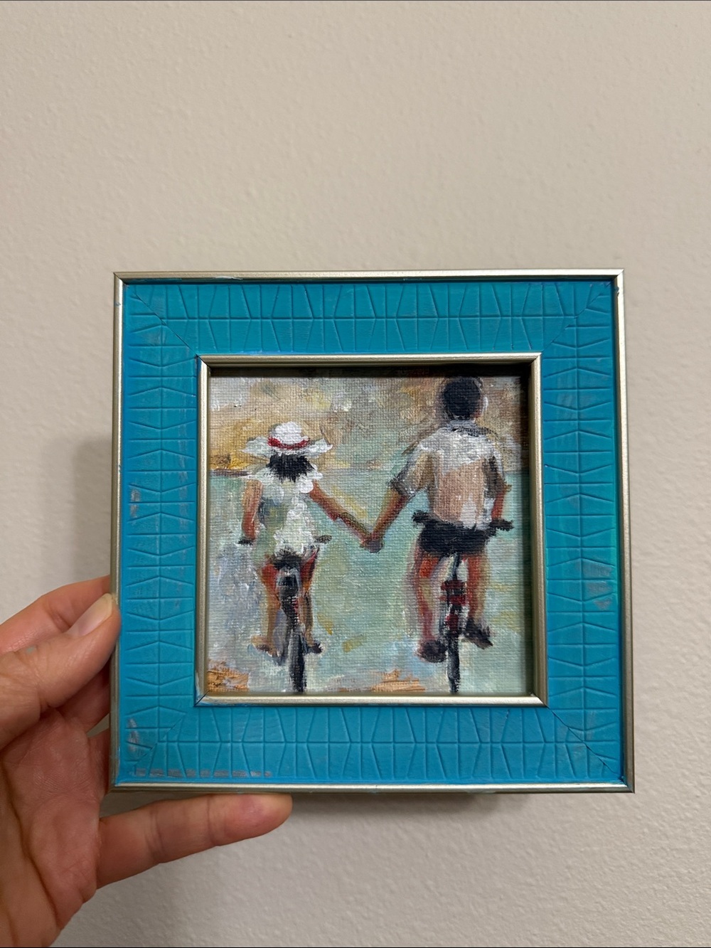 Father's day gift, oil and acrylic varnished 4"x 4" painting, framed.